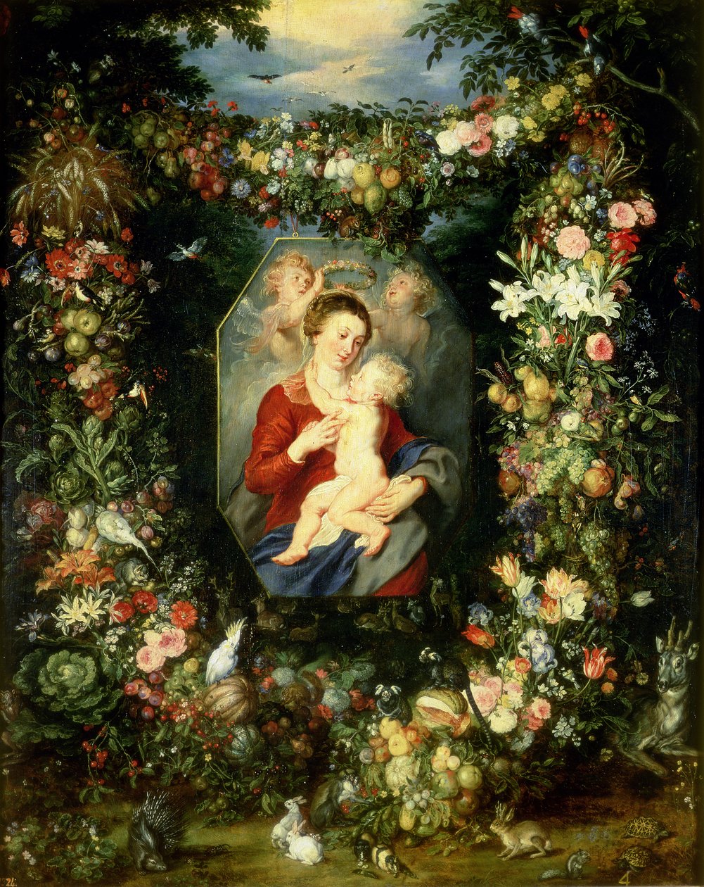 Jomfruen og barnet i en krans af frugt og blomster, ca. 1614-18 af Jan and Rubens, P.P. Brueghel