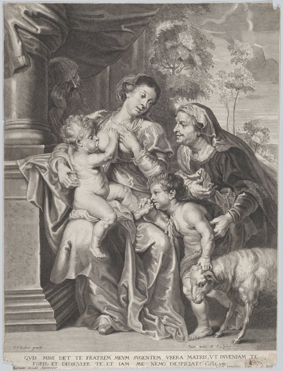 Den hellige familie med Elizabeth og spædbarnet Sankt Johannes Døberen, Jomfruen, der ammer spædbarnet Kristus, ca. 1635-42 af Jan Witdoek