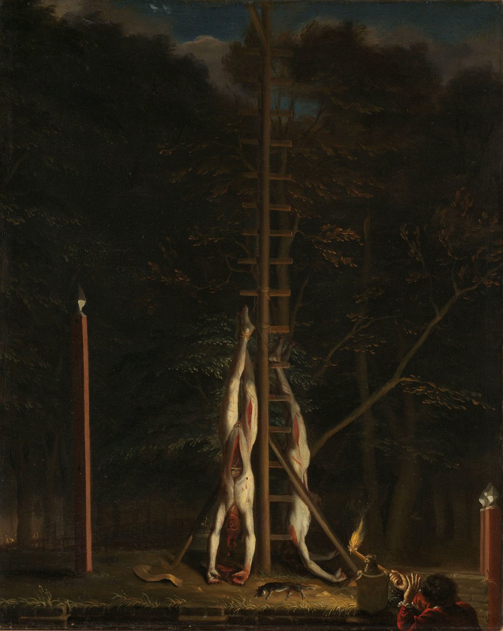 De Witt-brødrenes lig Ligene af de Witt-brødrene, Jan og Cornelis, hængende på Groene Zoodje på Vijverberg, Haag, 1672 af Jan de Baen (attributed to)