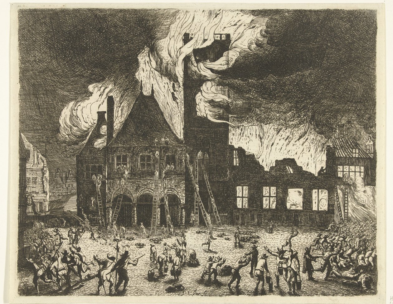 Branden i det gamle rådhus i Amsterdam, 1652 Afbildning af den gamle Stadthuys brændt til Amsterdam den 7. juli 1652 af Jan de Baen