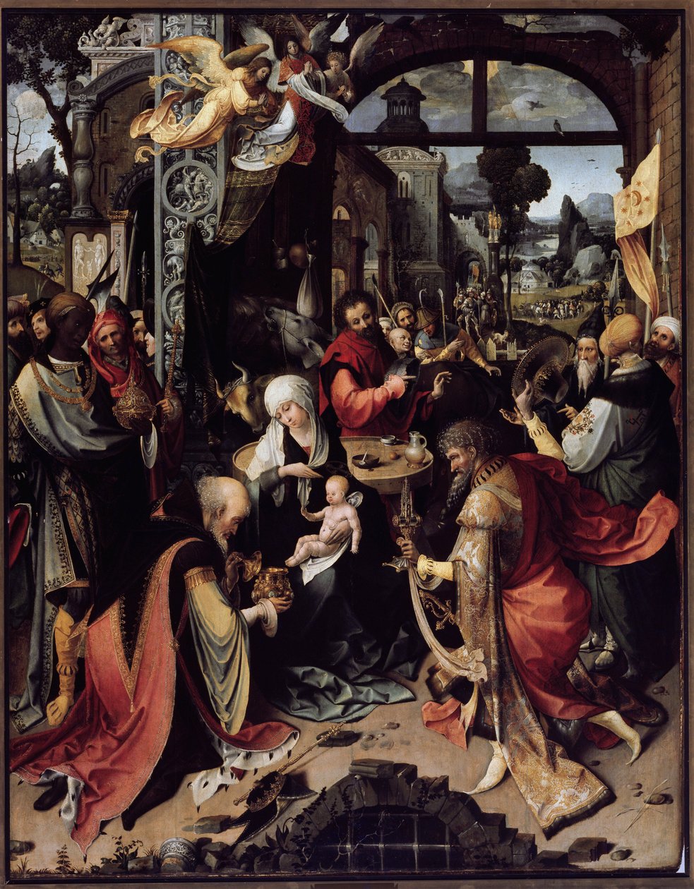 Magiernes tilbedelse (Centralpanel) (olie på panel, omkring 1520) af Jan de Beer