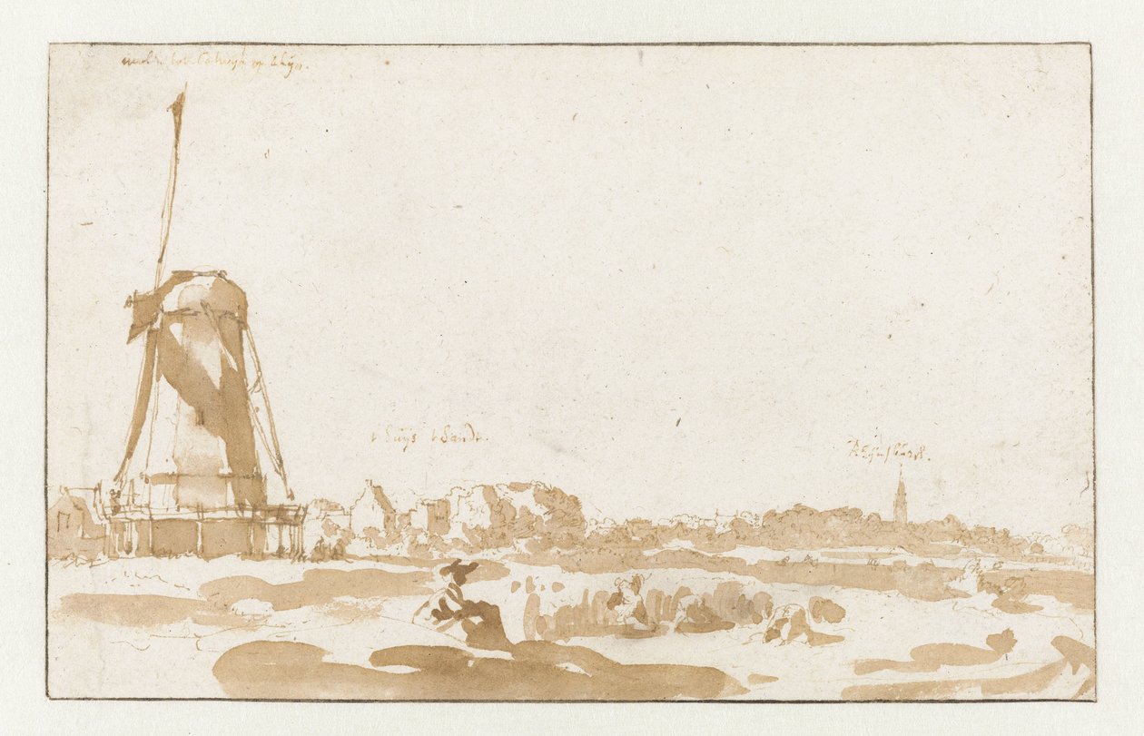 Udsigt over en mølle fra bredden af ​​Rhinen af Jan de Bisschop