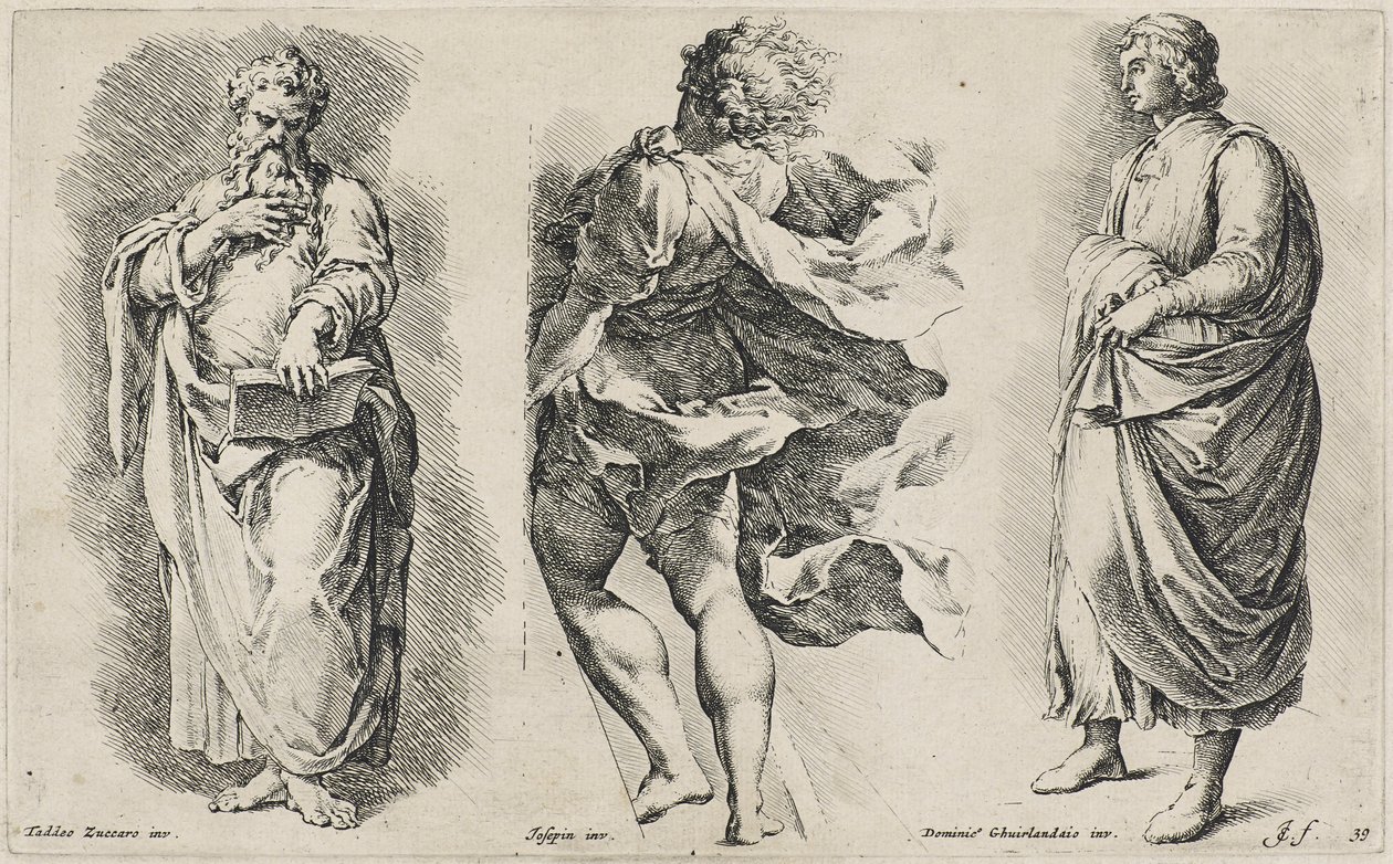 Tre unavngivne figurer efter tre italienske kunstnere (radering på lagt papir med vandmærke til våbenskjold) af Jan de Bisschop