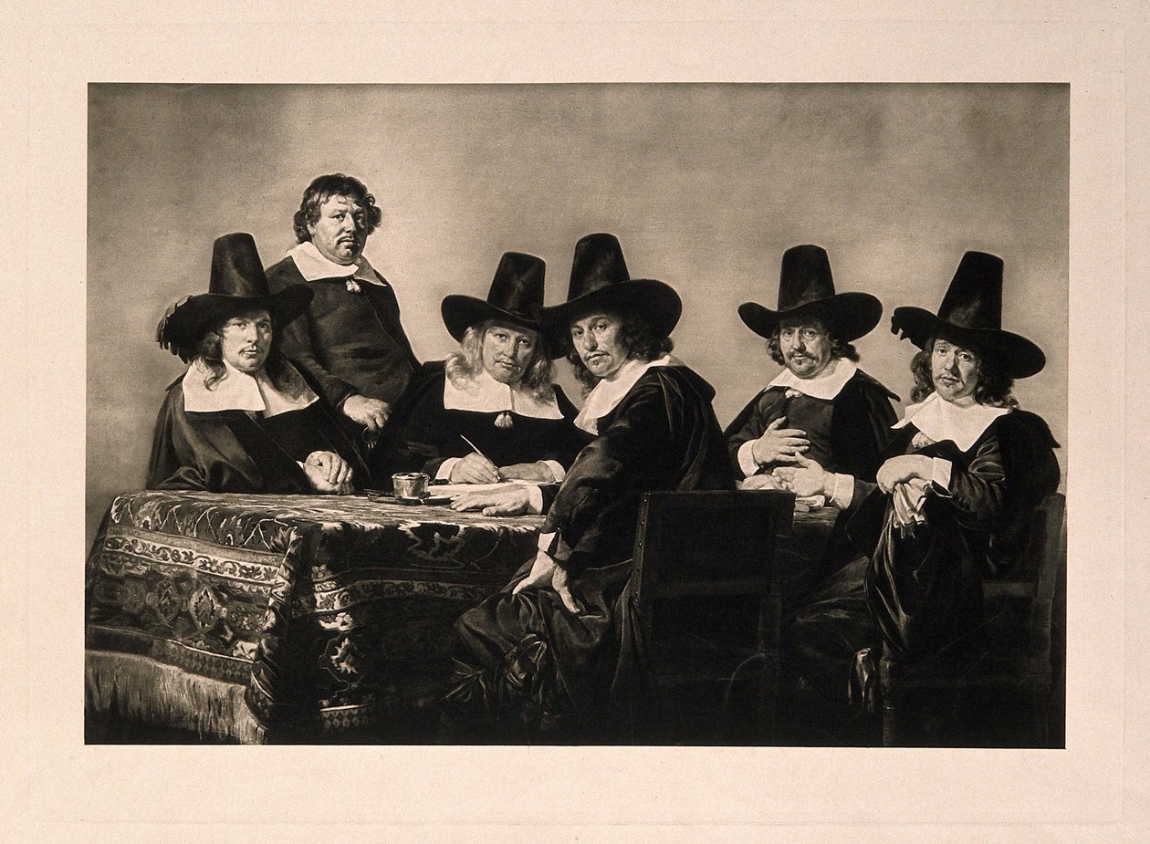 Forstanderne for hospitalet for fattige børn, Haarlem. Fotogravure efter J. de Bray, 1663. af Jan de Bray