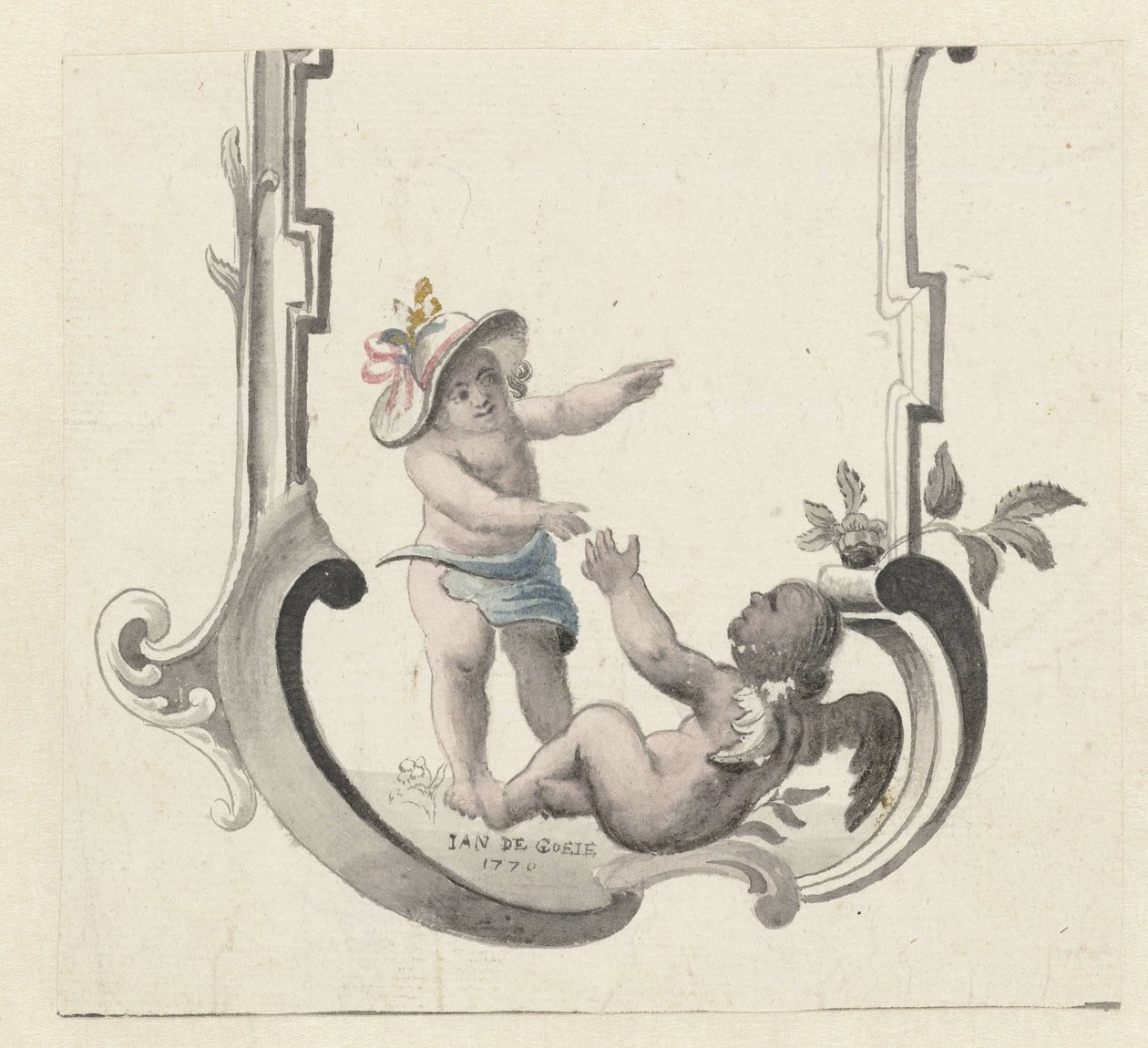 Ornament med to spillende putti af Jan de Goeje