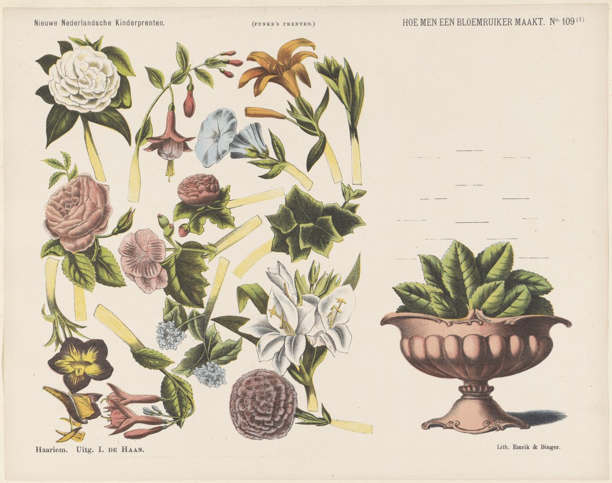 Sådan laver du en blomsterbuket / (1) (titel på objekt) Nye hollandske børnetryk (serietitel på objekt) Funkes print (serietitel på objekt) af Jan de Haan