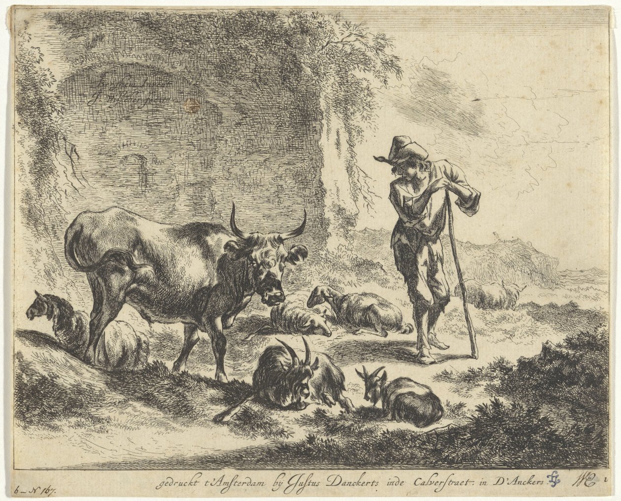 Hyrde hviler på sin stav ved en ruin Landskaber med hyrder og kvæg (serietitel) af Jan de Visscher