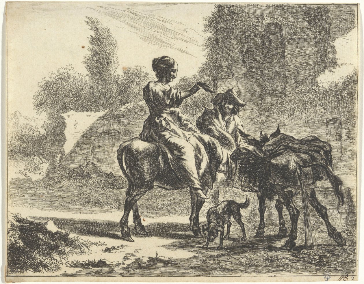 Hyrder og æsler ved et drikketrug Landskaber med hyrder og kvæg (serietitel) af Jan de Visscher