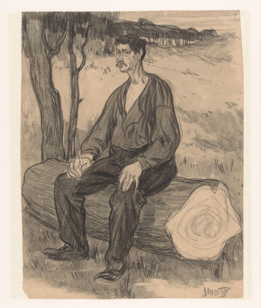 Mand sidder på træstamme af Jan de Waardt (signed by artist)