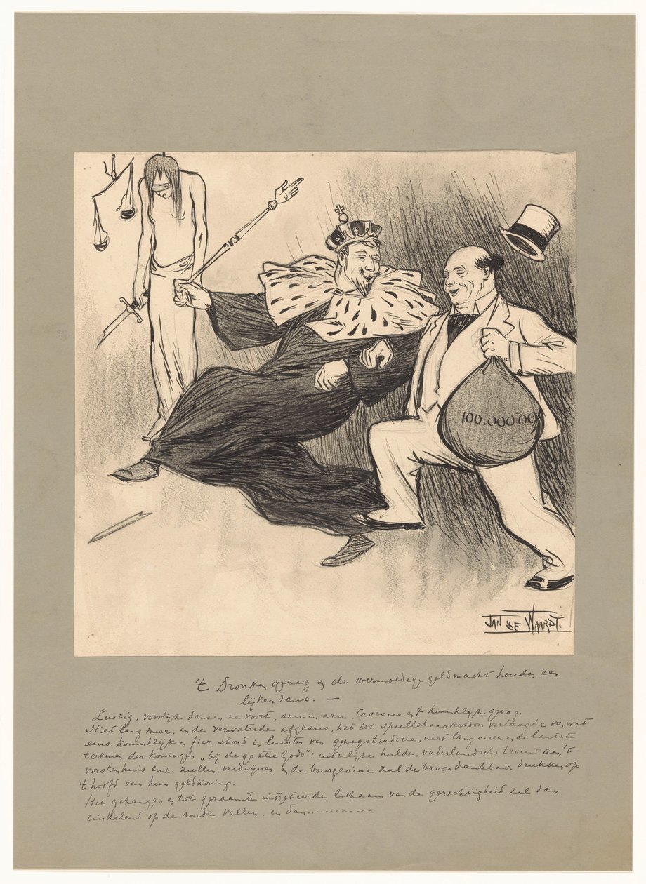Den berusede autoritet og den overmodige pengemagt udfører en ligdans (titel på objekt) af Jan de Waardt (signed by artist)