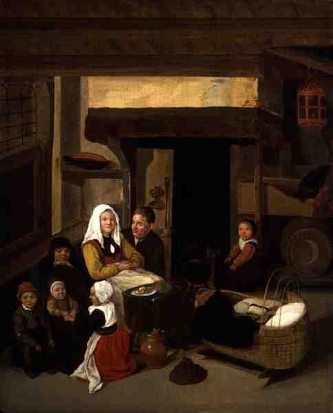 Et familieinteriør i en lade (olie på panel) af Jan or Johannes Hals