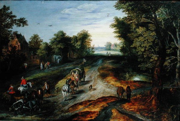 Landskab med en landsbyvej af Jan studio of Brueghel