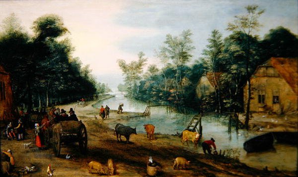 Et skovklædt flodlandskab om sommeren med rejsende, der ankommer til en kro (olie på panel) af Jan the Elder (circle of) Brueghel
