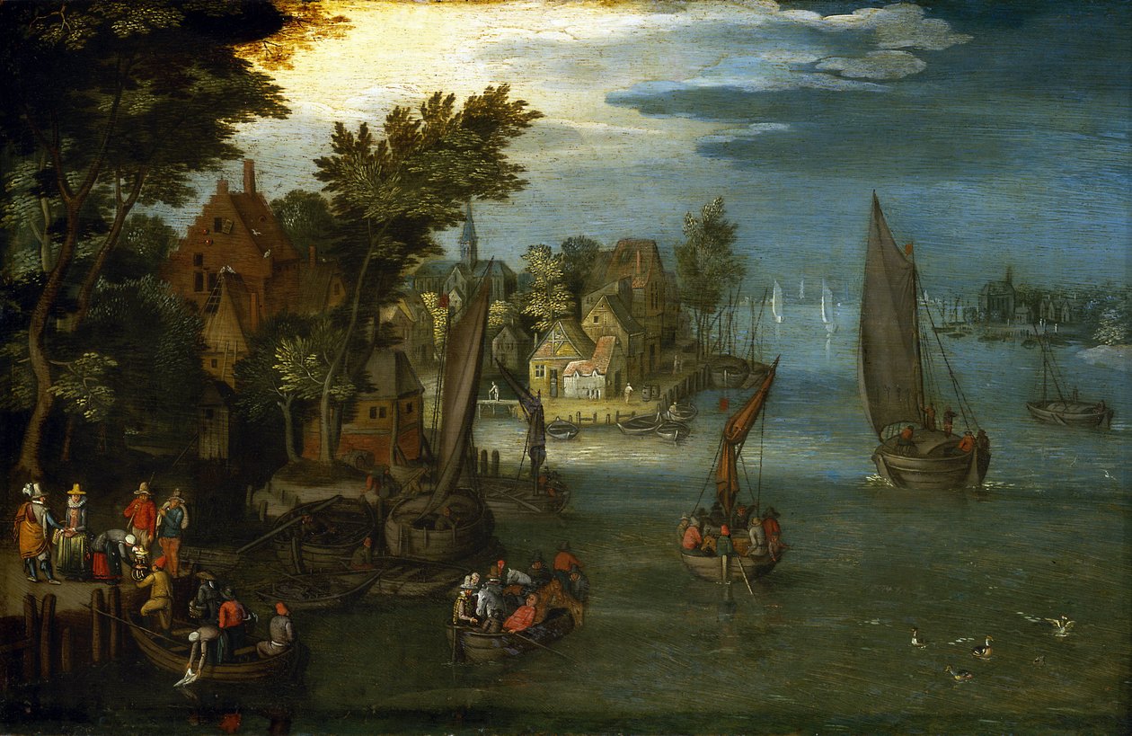 Den livlige flodbred med hollandske både og passagerer, der går om bord på en shuttle-båd til overfarten. af Jan the Elder (circle of) Brueghel