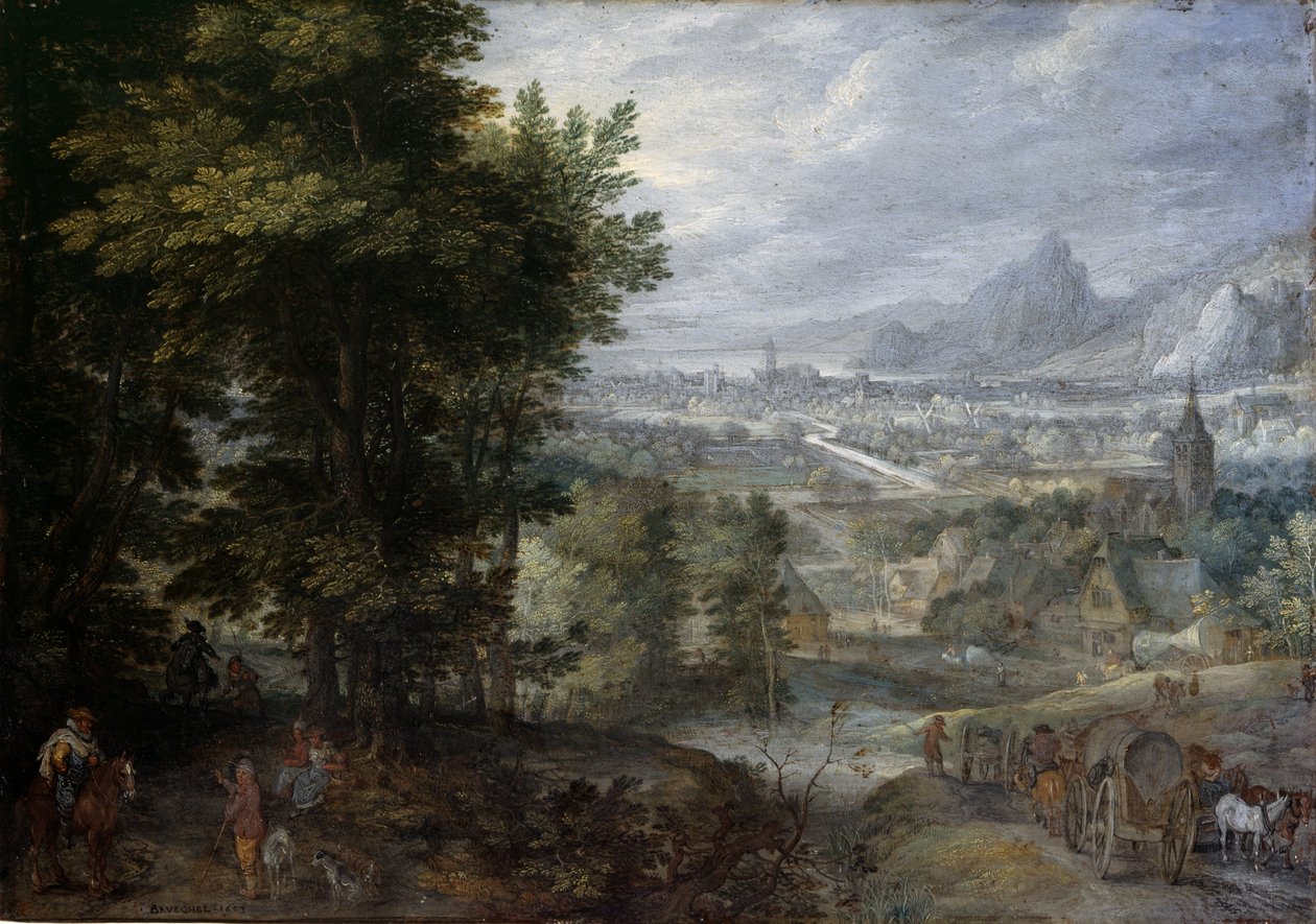 Et skovklædt landskab af Jan the Elder Brueghel