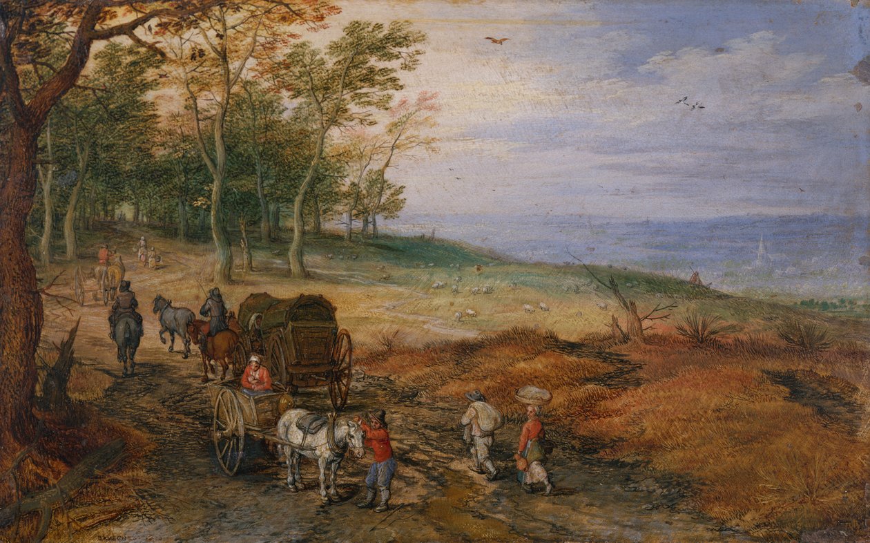 Et skovklædt landskab med rejsende (olie på kobber) af Jan the Elder Brueghel