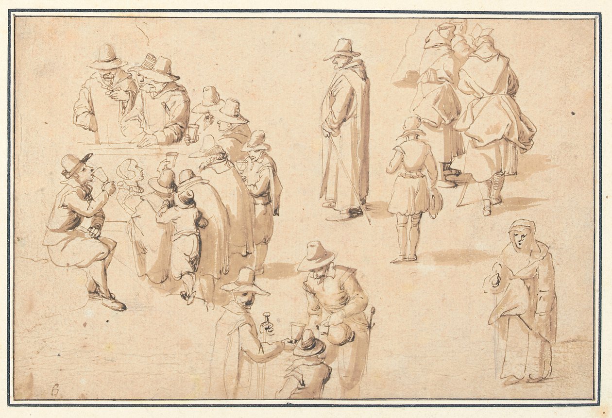 Et springvand ved Spa med studier af elegante skikkelser, der tager vandet og af to munke og en præst af Jan the Elder Brueghel