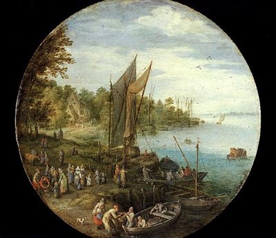 En skovklædt flodmunding med en færge (olie på panel) af Jan the Elder Brueghel