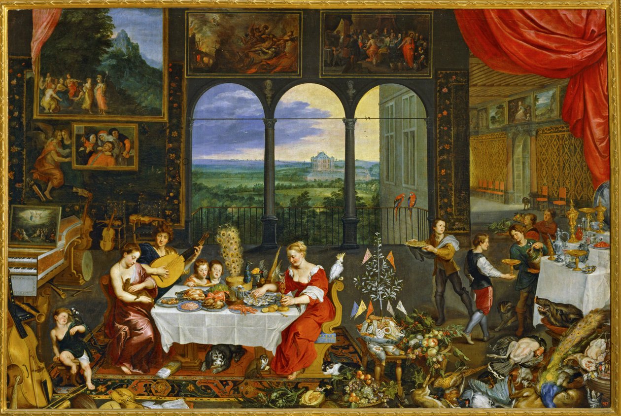 Allegorier om smag, hørelse og berøring ... (maleri på lærred) af Jan the Elder Brueghel