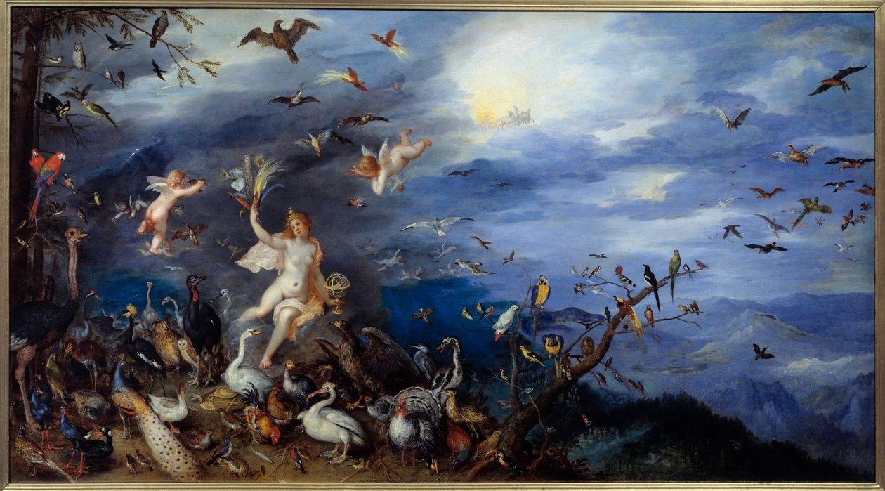 Allegory of the Air Ung nøgen kvinde omgivet af alle fuglearter. Maleri af Jan Brueghel Le Vieux kalder Brueghel de Velours (Brueghel eller Brueghel af Jan the Elder Brueghel