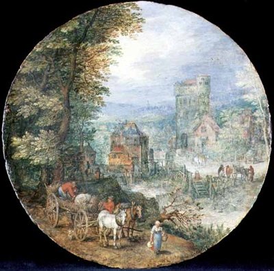 Et omfattende skovlandskab med by, mølle og bønder af Jan the Elder Brueghel