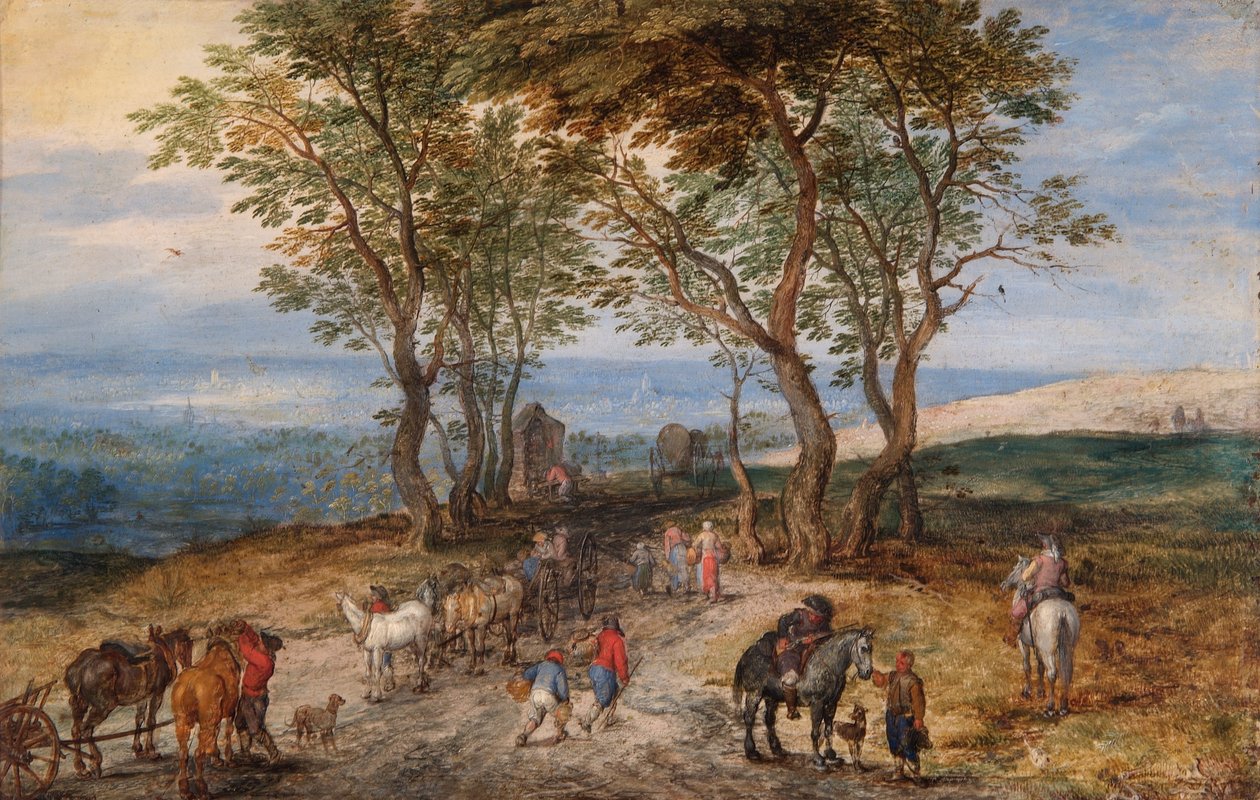 Landevejsscene med figurer: A Man Praying at a Shrine, ca. 1610 (olie på kobber) af Jan the Elder Brueghel