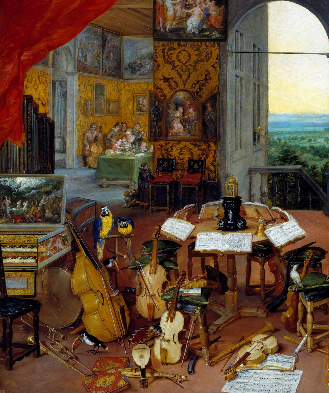 Detaljehøring, der repræsenterer musikinstrumenter (cello, violin, lut, fløjte, cembalo). Maleri af Jan Brueghel Le Vieux kalder Brueghel de Velours (Brueghel eller Brueghel af Jan the Elder Brueghel