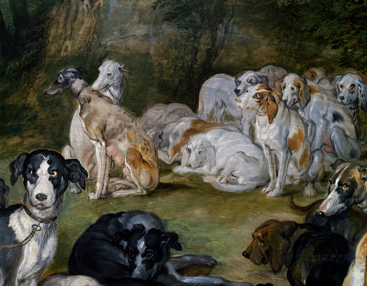 Hunde, detaljer fra Diana og Nymphs på tidspunktet for at forlade af Jan the Elder Brueghel