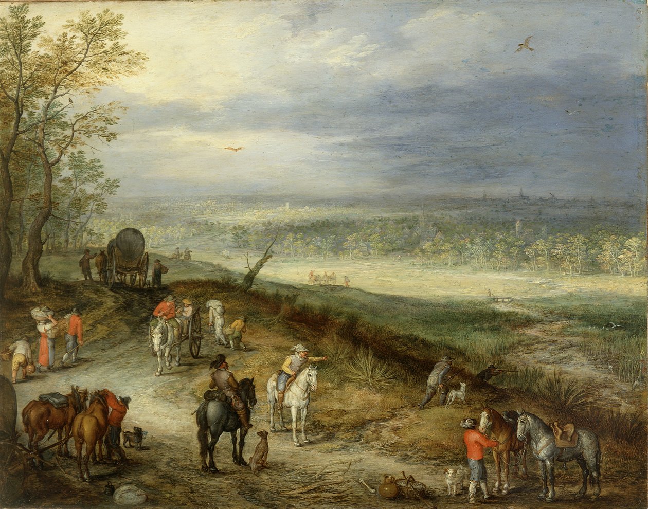 Stort landskab med rejsende på en landevej, ca. 1608-10 (olie på kobber) af Jan the Elder Brueghel