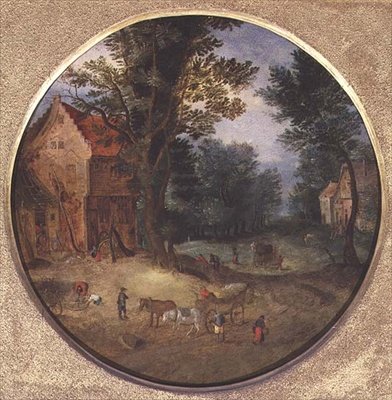 Flamsk landskab med vogne og figurer (tondo, panel) af Jan the Elder Brueghel