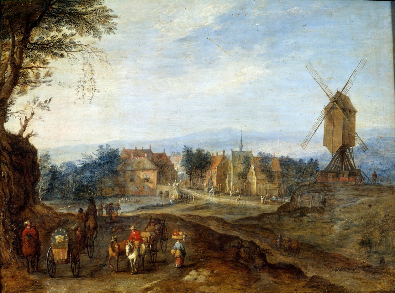 Landskab ved vindmøllen Maleri af Jan Brueghel Le Vieux kalder Bruegel de Velours (Brueghel eller Breughel af Jan the Elder Brueghel