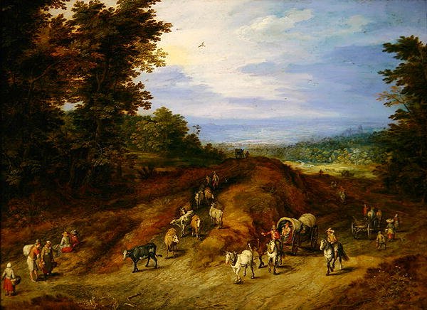 Landskab med bønder, vogne og dyr (olie på kobber) af Jan the Elder Brueghel