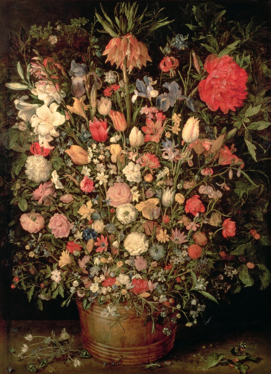Stor buket blomster i en træbalje af Jan the Elder Brueghel