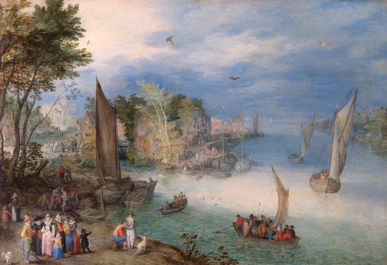 Flodscene med både og figurer af Jan the Elder Brueghel