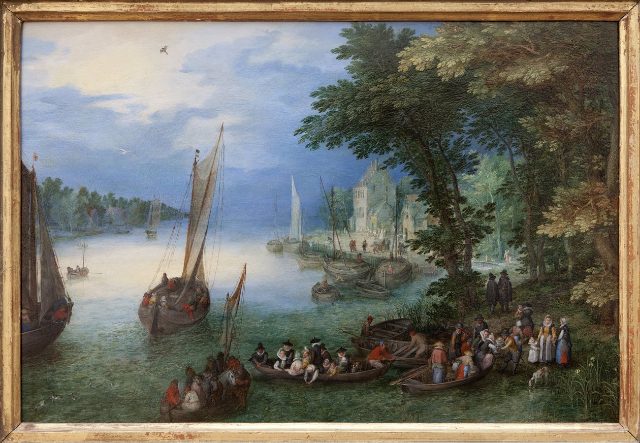 Flodscene eller barken, Oliemaleri på kobber af Jan Brueghel, dit Brueghel de Velours (1568-1625), ca. 1605. Dim.: 24 x 36 cm. Fotografi, KIM Youngtae, Nantes, Musee des Beaux Arts de Nantes. af Jan the Elder Brueghel