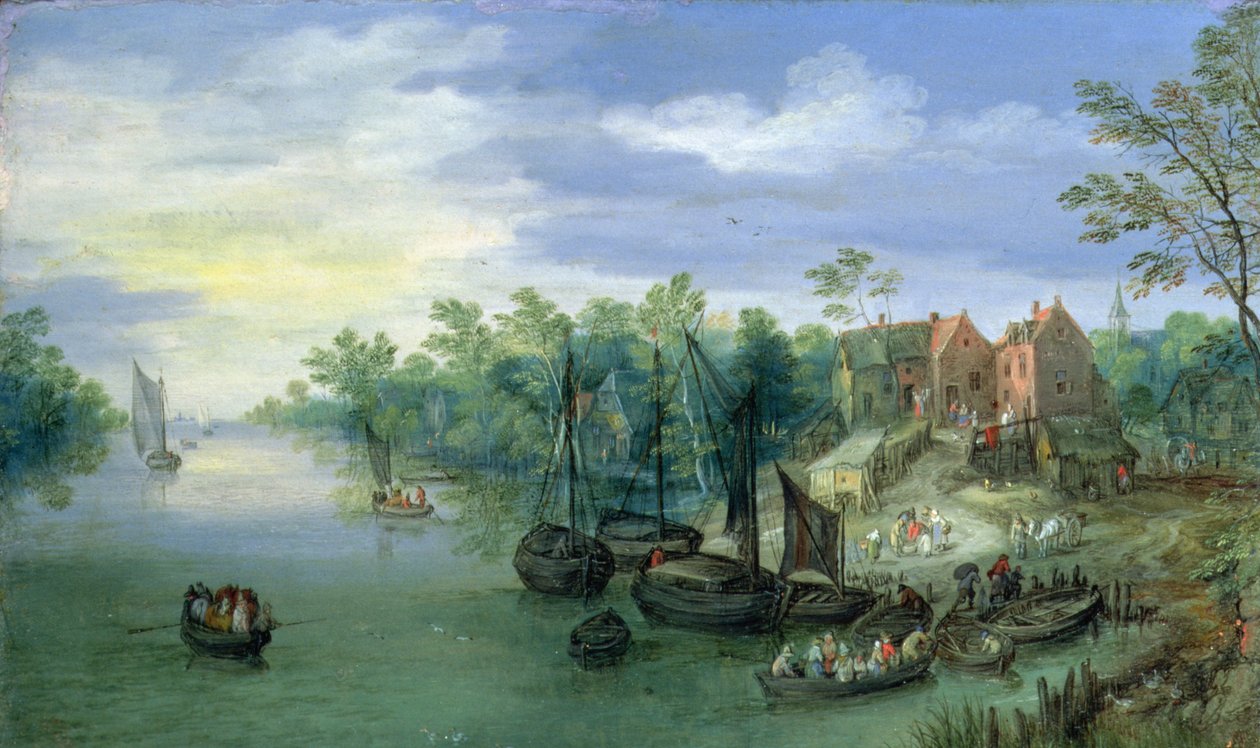 Flodfartøj nær en anløbsbro, 1597 af Jan the Elder Brueghel