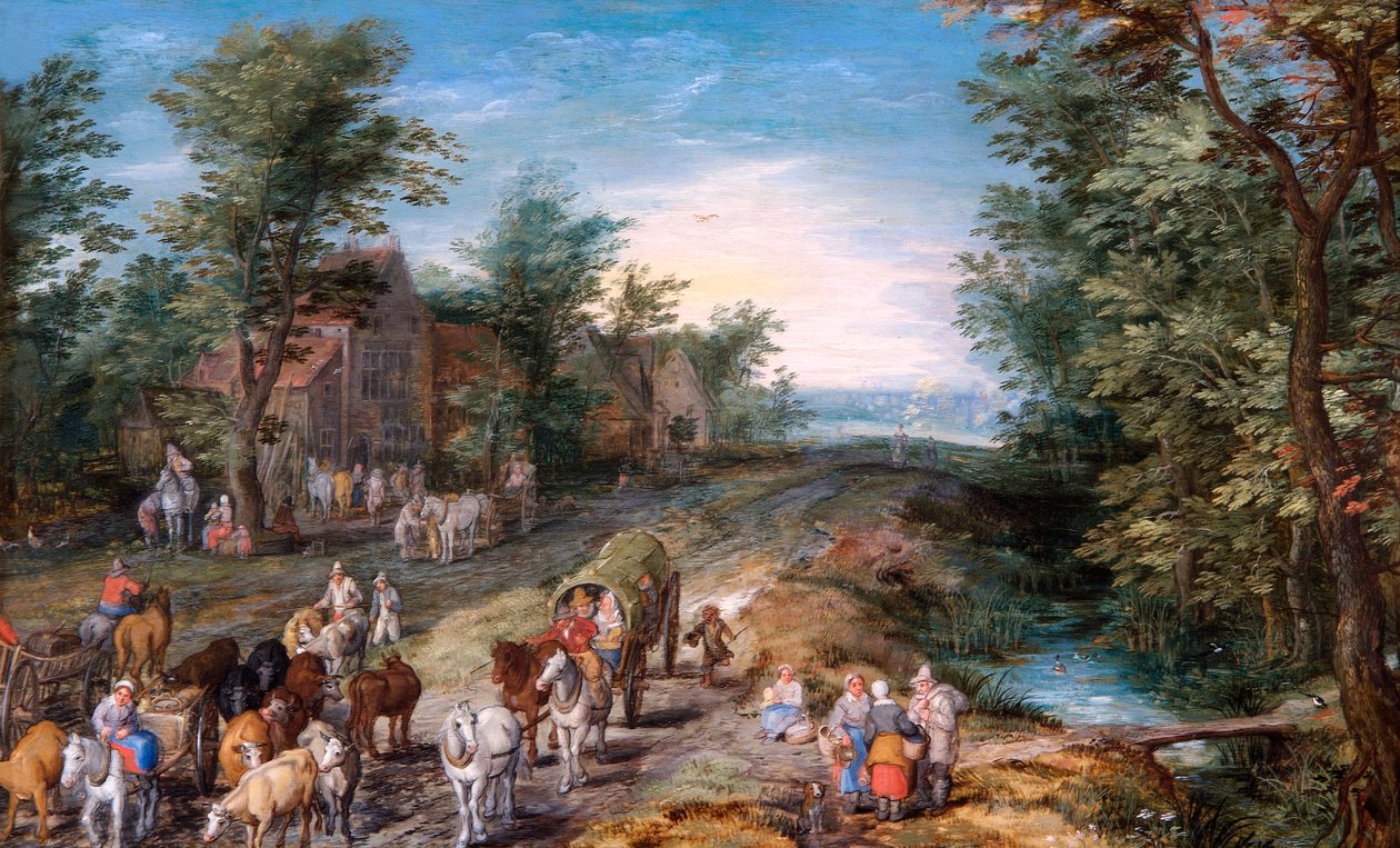 Vejscene med rejsende og kvæg, ca. 1611 (olie på egetræspanel) af Jan the Elder Brueghel