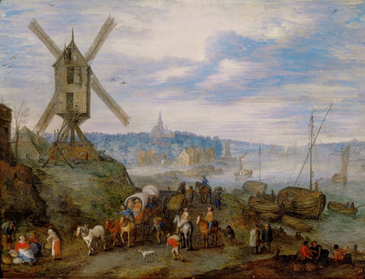 Havneby med vindmølle ... af Jan the Elder Brueghel