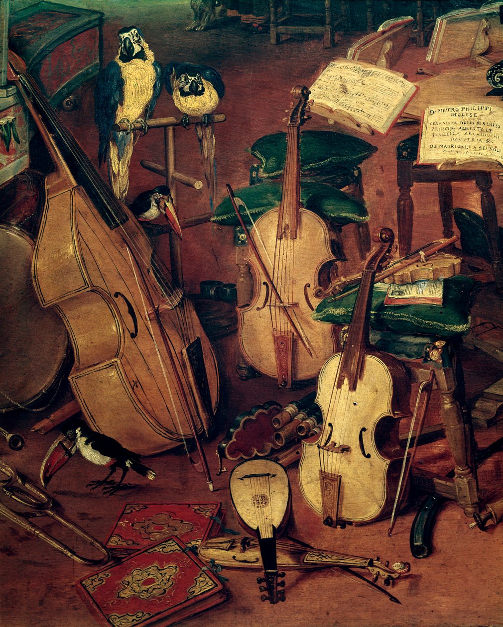 Strenge og papegøjer, detalje af Allegori over de fem sanser (maleri af Jan the Elder Brueghel
