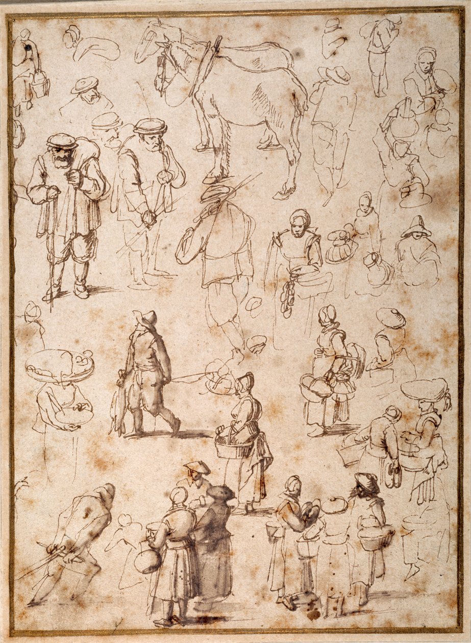 Studier af bønder fra livet (pen og blæk med vask på papir) af Jan the Elder Brueghel