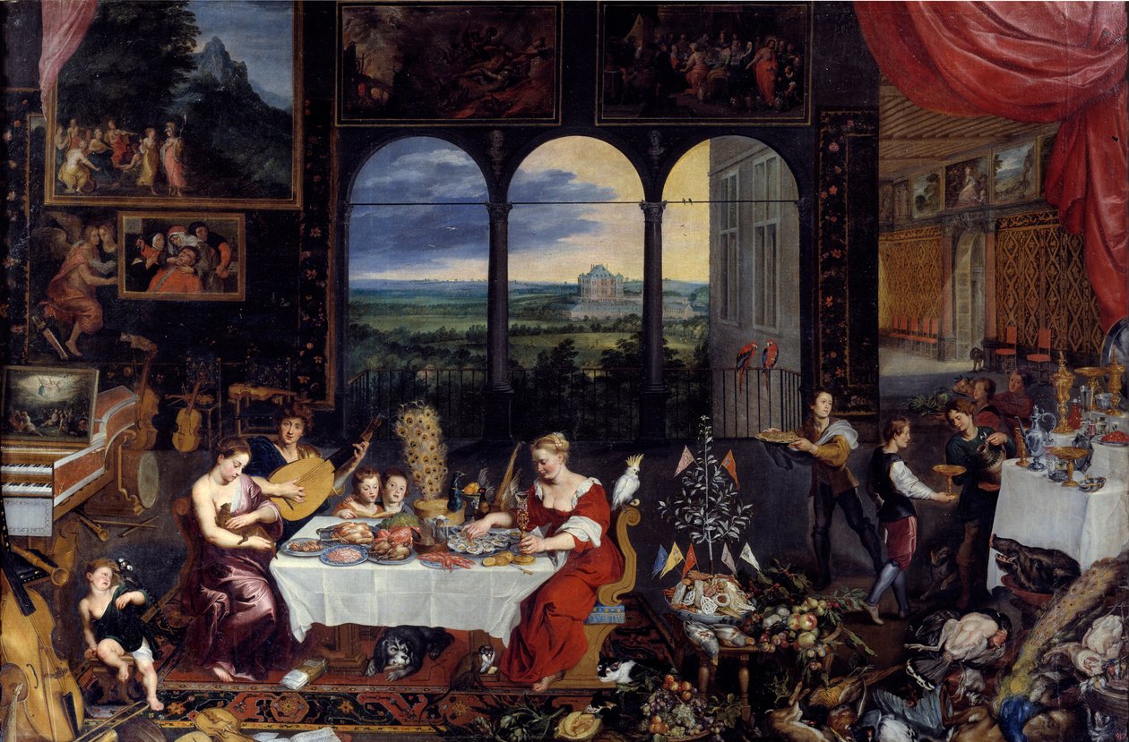 Smag, hørelse og berøring, 1618 af Jan the Elder Brueghel