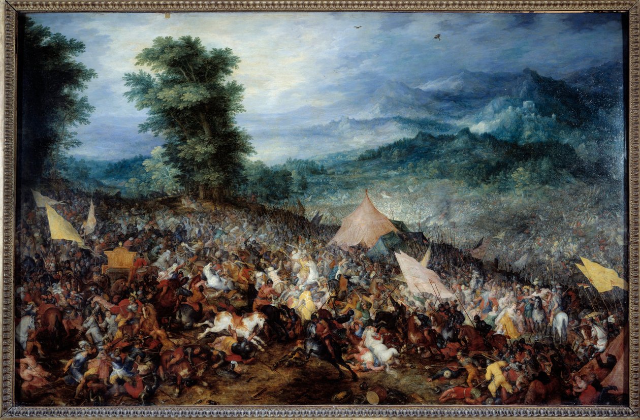 Slaget ved Arbels (eller Issos) Alexander den Store (356-323 f.Kr.) og hans hær under slaget ved Issos, hvorunder den makedonske konge besejrede Darios (Darius) III, den sidste konge af Rouenid-dynastiet, i 333 f.Kr. JC. Maleri af Jan Breugel Le Vieux ca af Jan the Elder Brueghel