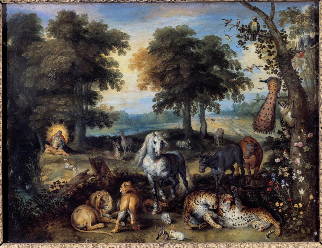 Jordens paradis Forskellige dyr, der bor sammen i Edens have, nederst til venstre skaber Gud Eva fra en side af Adam. Maleri af Jan Bruegel (eller Breugel eller Brueghel eller Breughel) den tidligere kendt som Bruegel de Velours (1568-1625) 17. af Jan the Elder Brueghel