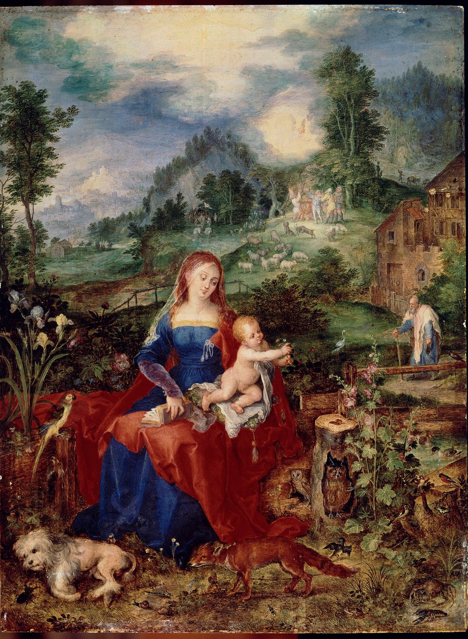 Den hellige familie med jomfrudyr, der bladrer i en bog og holder Jesusbarnet omgivet af en hund, ræv, fugle, krabber, ugle, papegøje; frø, snegl og iris. Maleri af Jan Breugel den ældre kalder Bruegel de Velours (Brueghel eller Breughel af Jan the Elder Brueghel