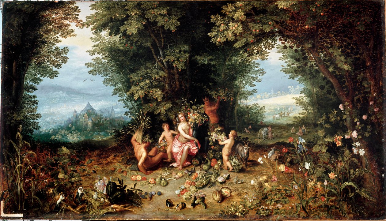 De fire elementer: "Jorden"" Allegori. Udsigt over det jordiske paradis med frugter, grøntsager, blomster og dyr (inklusive marsvin (hamster) Maleri af Jan Breugel Le Vieux kalder Bruegel de Velvet (Brueghel eller Breughel) af Jan the Elder Brueghel