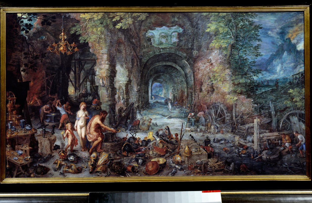 De fire elementer: "The Fire"" Allegori. Kom og Vulcan i smeden, lav våben til deres søn Enee. Omkring dem arbejder smede og guldsmede med rustninger, våben, vaser, smykker, drikkebægre, fade og kedler. Maleri af Jan Breugel Le V af Jan the Elder Brueghel