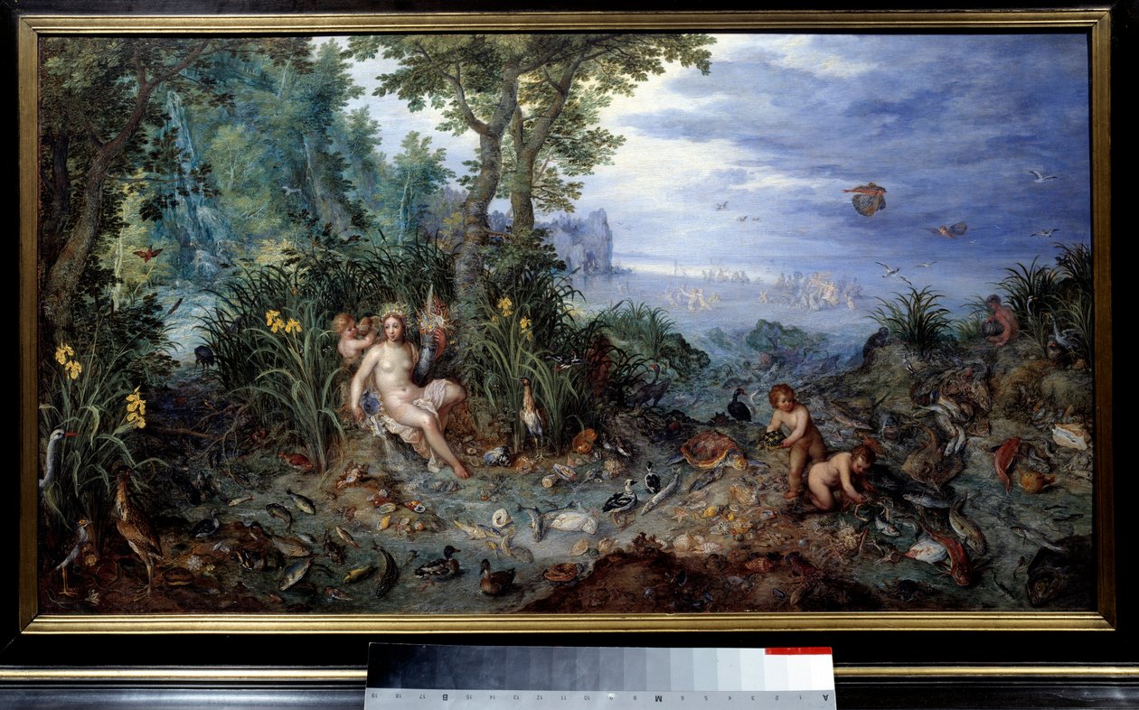 De fire elementer: "Vand" Allegori. Ung kvinde med ænder, fisk. Maleri af Jan Brueghel Le Vieux kalder Brueghel de Velours (Brueghel eller Brueghel af Jan the Elder Brueghel