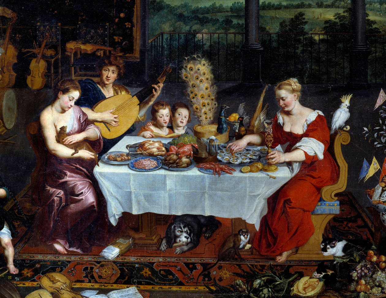 Smagen. Detalje, der repræsenterer et måltid af fisk og skaldyr, fjerkræ i nærværelse af musikere. Maleri af Jan Brueghel Le Vieux kalder Brueghel de Velours (Brueghel eller Brueghel af Jan the Elder Brueghel