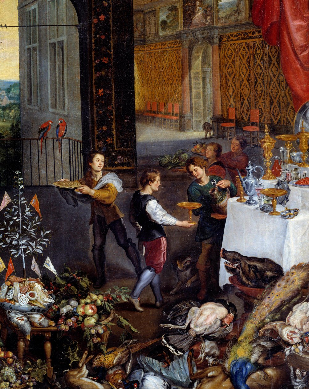 The taste. Detail representing the servants bringing the dishes of game, poultry at a banquet. Painting by Jan Breugel Le Vieux calls Bruegel de Veloursdani af Jan the Elder Brueghel