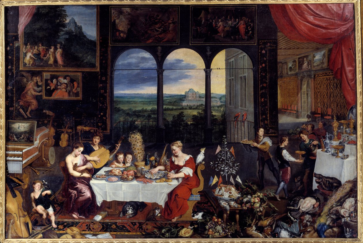 Smagen, hørelsen og berøringen. Allegori om de fem sanser En rig families måltid: fjerkræ og skaldyr (inklusive østers) udgør banketmenuen. Maleri af Jan I Brueghel Dit De Velours (1568-1625) Ec. Flam af Jan the Elder Brueghel